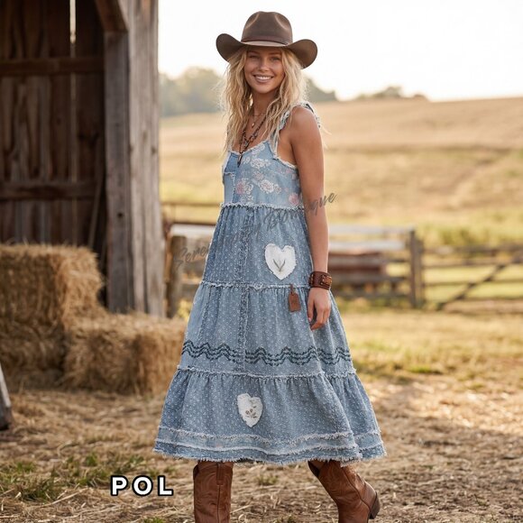POL Dresses & Skirts - POL Bohemian Girly Cowgirl Strappy Denim Tiered Patchwork Maxi Eyelet Jean Dress